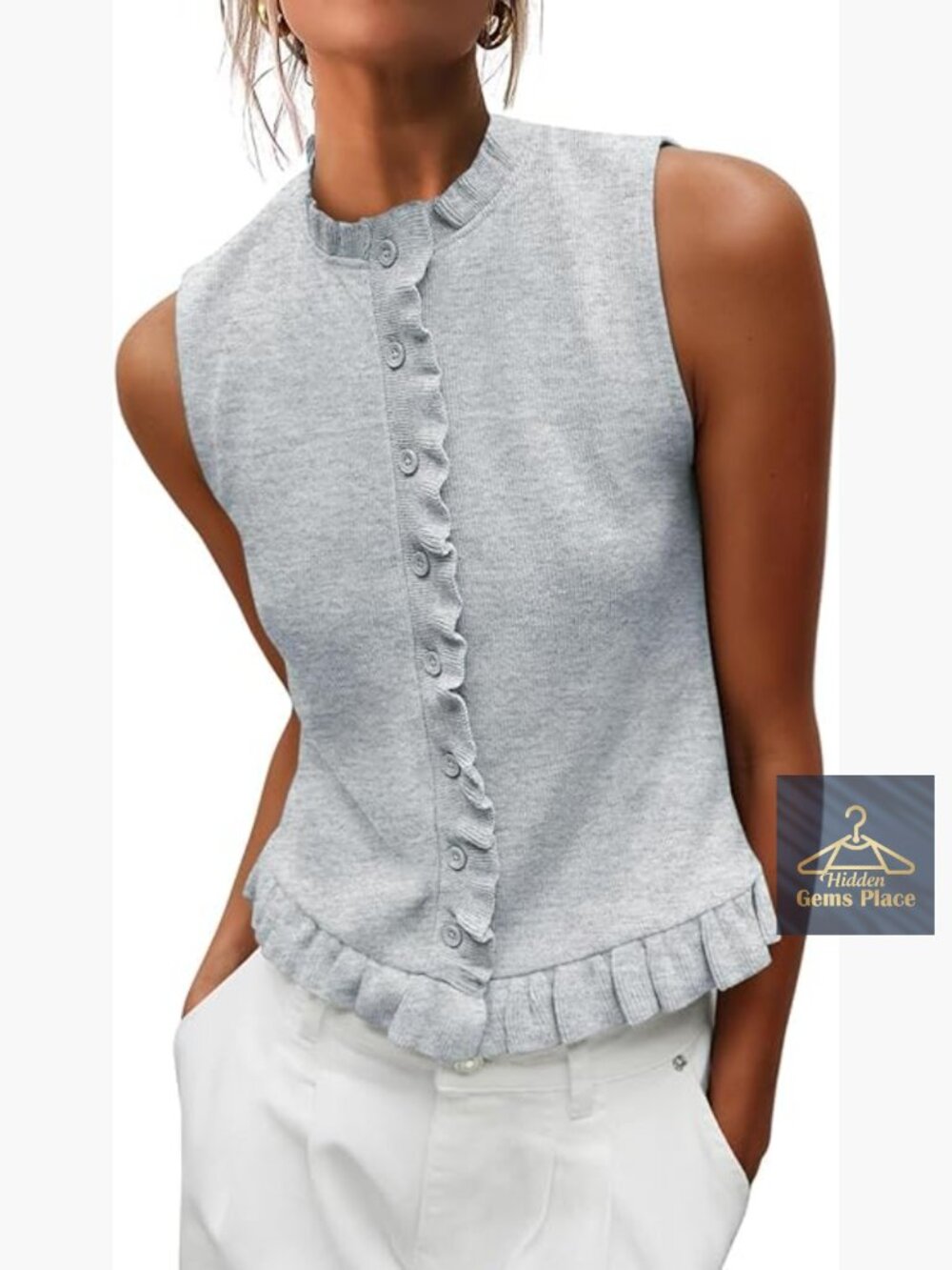 Sleeveless Pleated Cardigan Crew Neck Knit Vest Peplum Hem Office Casual Top